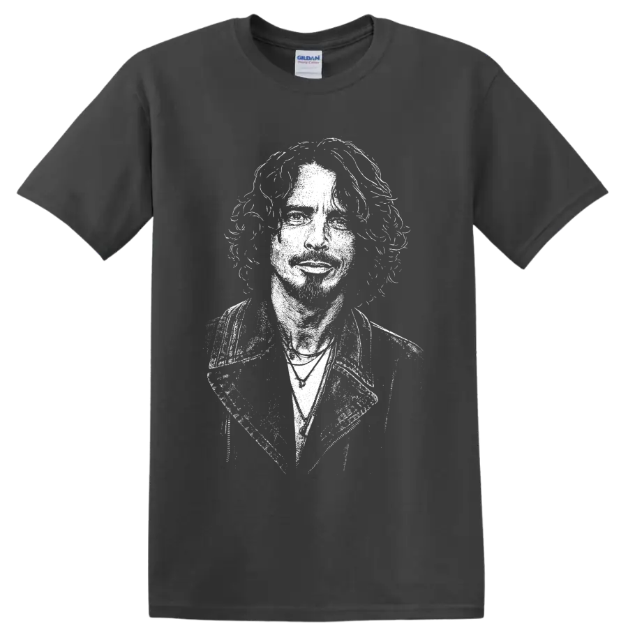 High-contrast Chris Cornell portrait in a bold monochrome grunge rock style on a Charcoal T Shirt