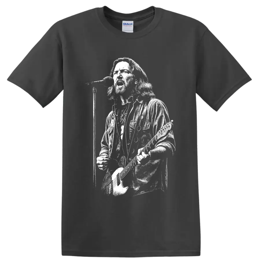 Monochrome Eddie Vedder guitar portrait in bold high-contrast rock illustration on a Charcoal T Shirt