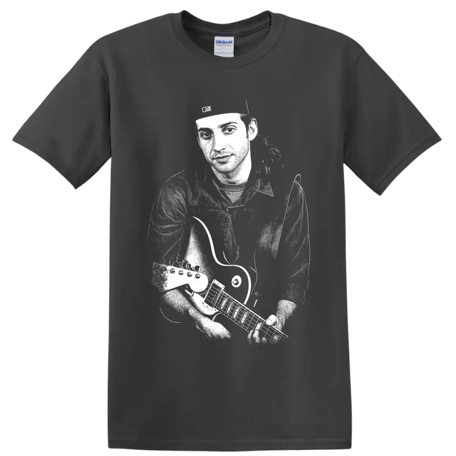 High-contrast monochrome portrait of Stone Gossard playing guitar on a Charcoal T Shirt