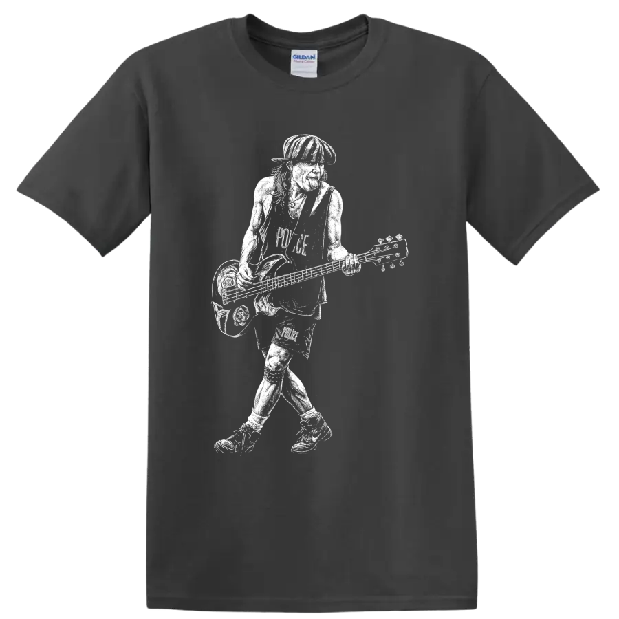 Flea playing bass in a bold white musician silhouette graphic on a Charcoal T Shirt