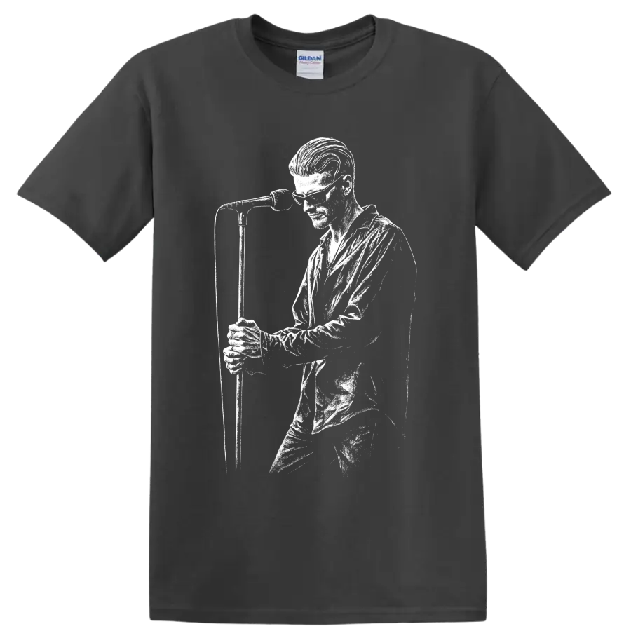 High-contrast Layne Staley Alice in Chains performance portrait in white graphic art on a Charcoal T Shirt
