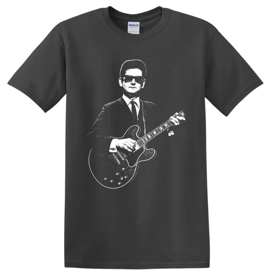 Roy Orbison-style high-contrast guitar portrait in vintage rock and roll graphic art on a Charcoal T Shirt