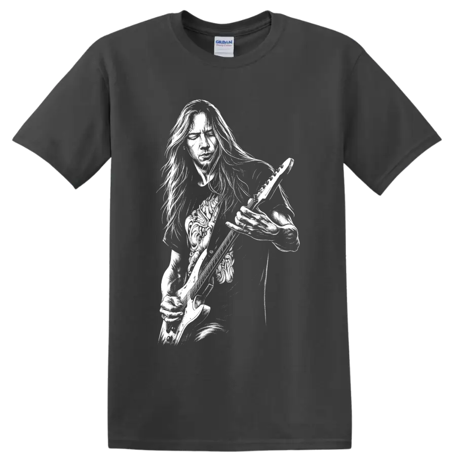 High-contrast Jerry Cantrell guitarist portrait holding a guitar in rock poster style on a Charcoal T Shirt