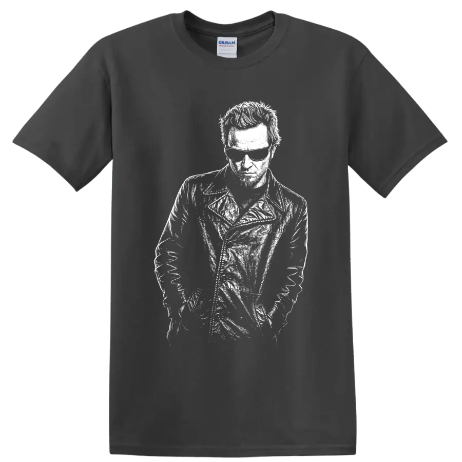 High-contrast monochrome Layne Staley portrait in Alice in Chains grunge style on a Charcoal T Shirt