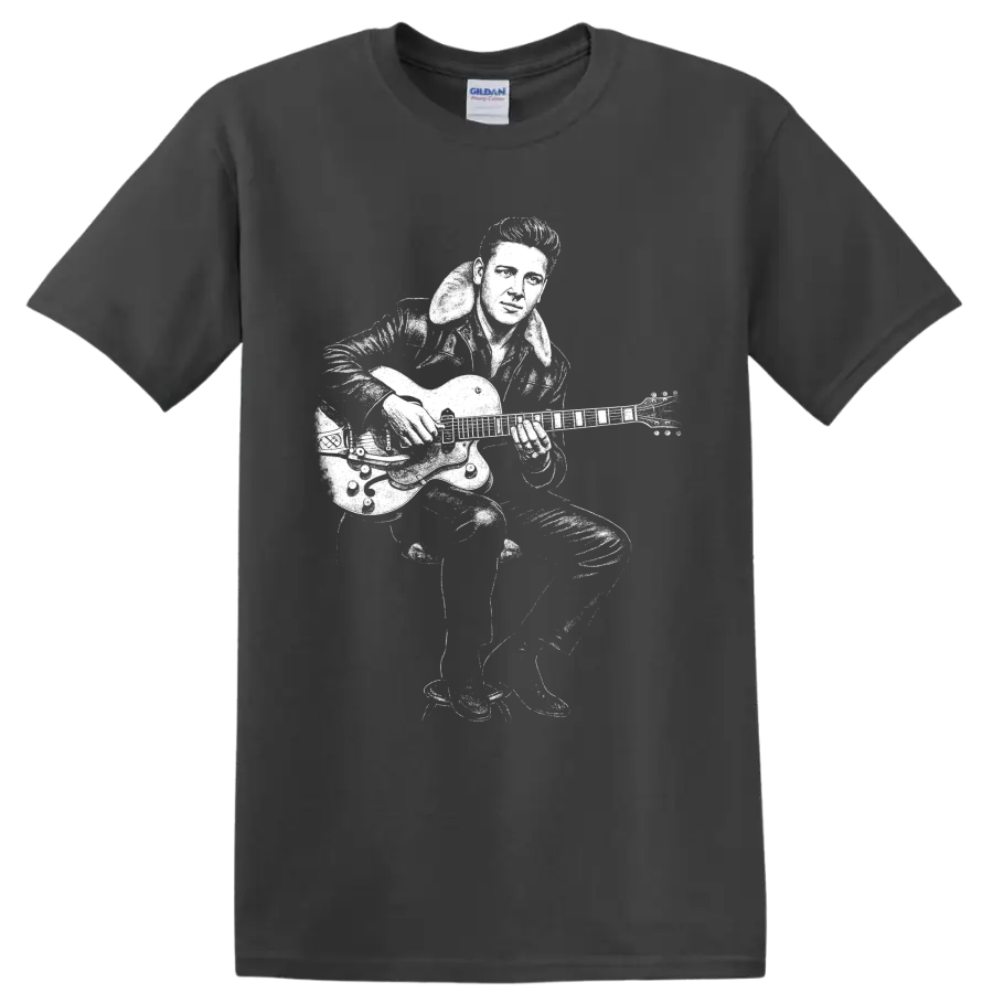 Eddie Cochran playing electric guitar in bold high-contrast rockabilly performance art on a Charcoal T Shirt