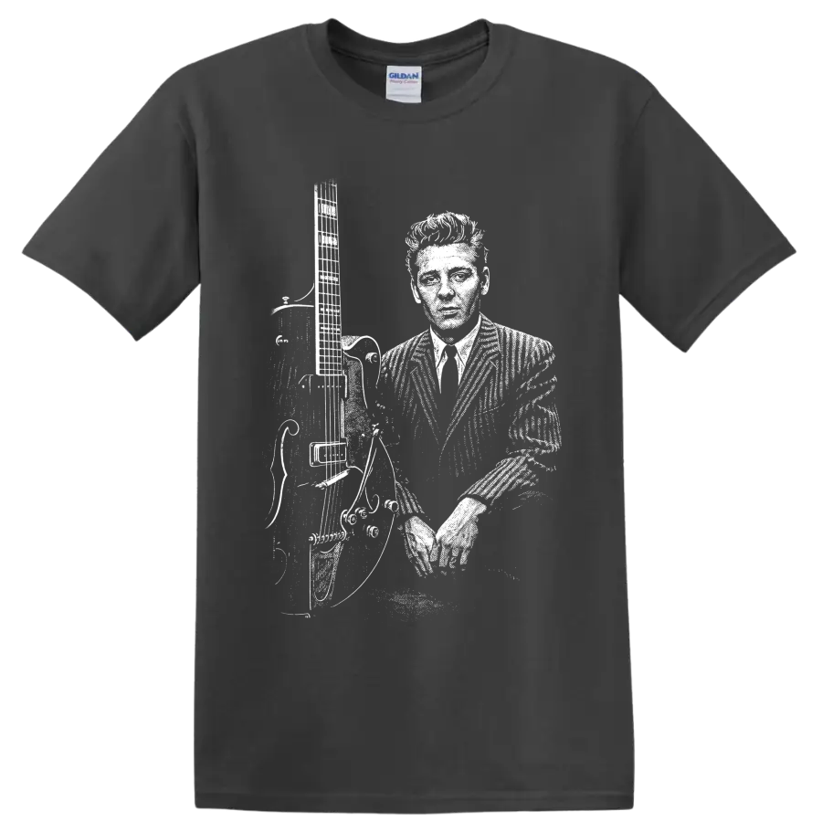 Eddie Cochran holding guitar in high-contrast vintage rockabilly performance portrait on a Charcoal T Shirt