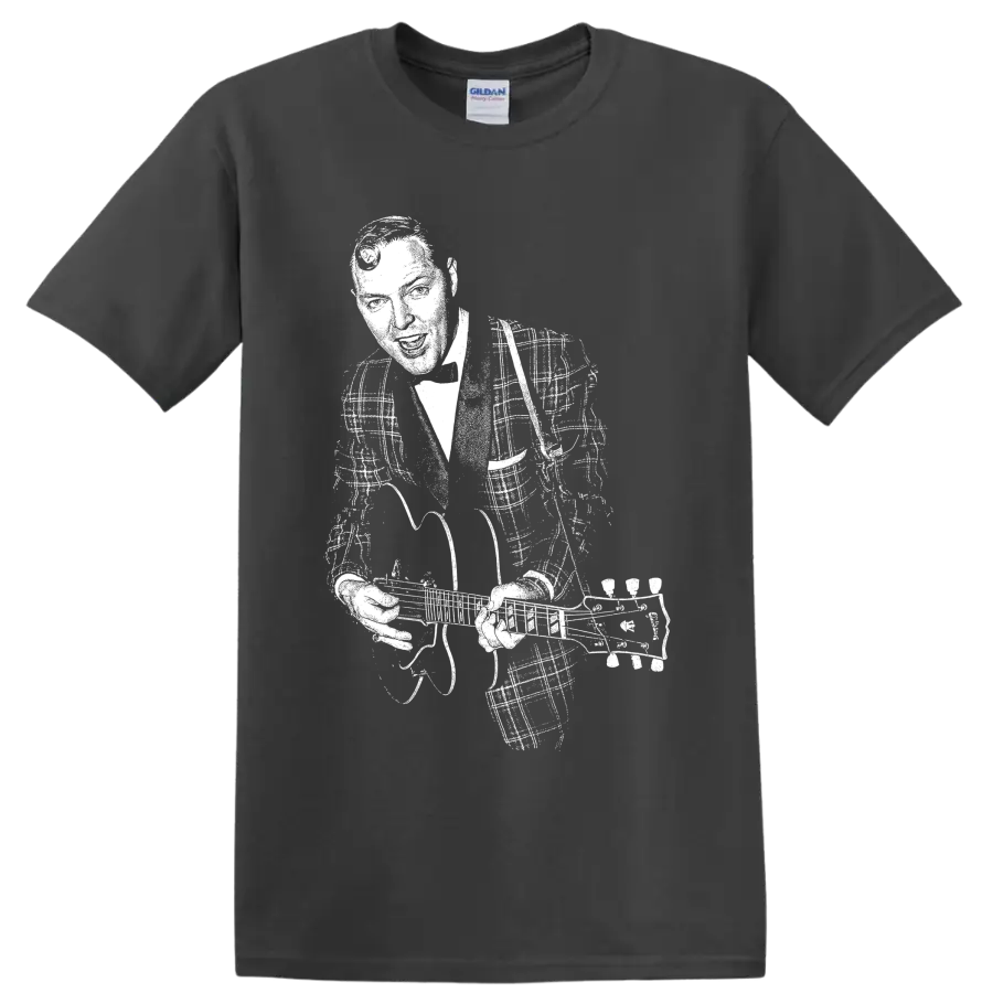 High-contrast vintage-style Bill Haley portrait with guitar on a Charcoal T Shirt
