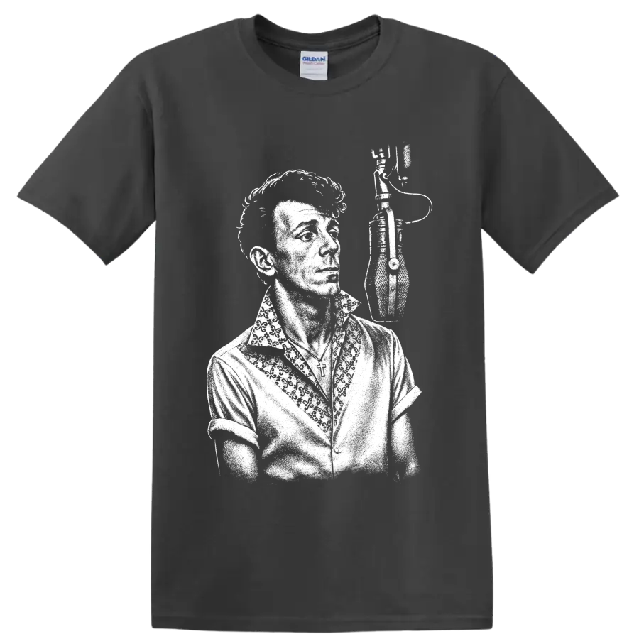 High-contrast Gene Vincent portrait in a bold vintage rockabilly style on a Charcoal T Shirt
