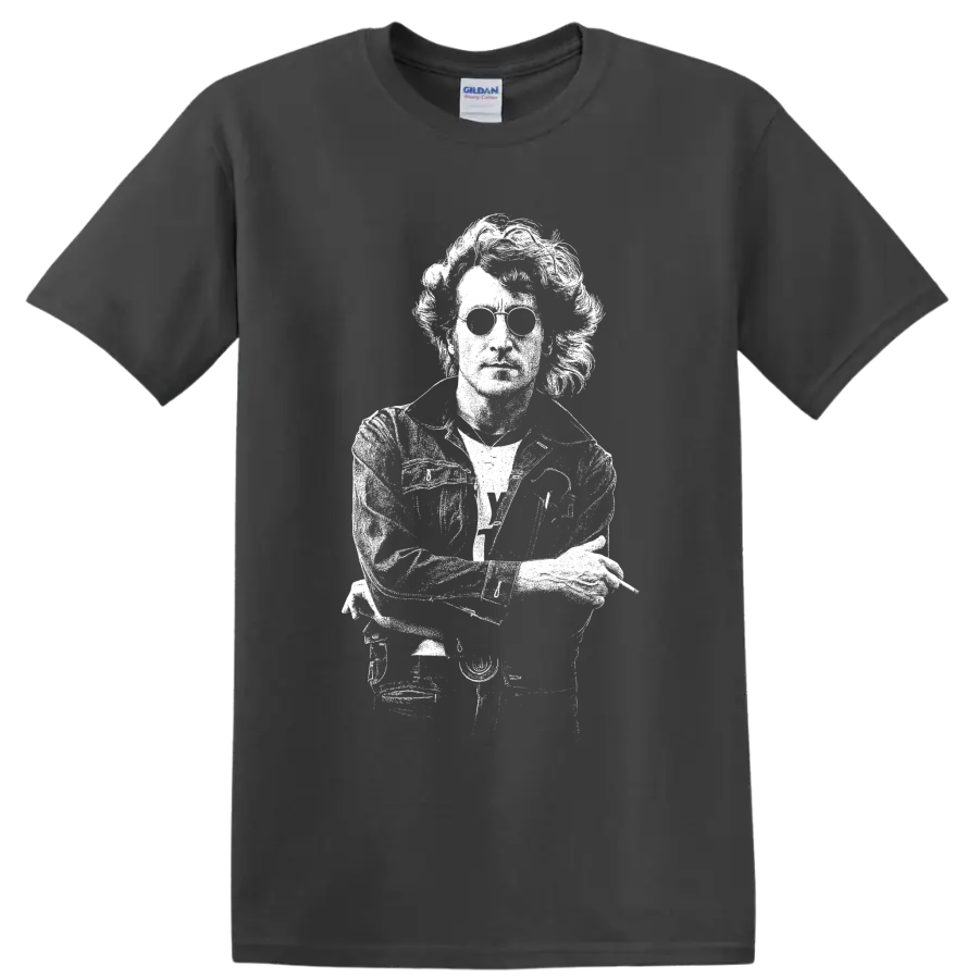 White John Lennon guitar portrait in bold stencil-style British rock artwork on a Charcoal T Shirt
