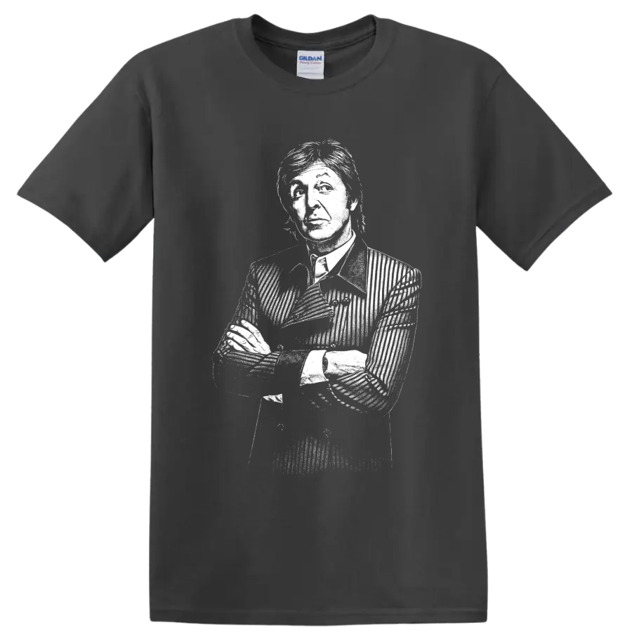 High-contrast monochrome portrait graphic of Paul McCartney of The Beatles on a Charcoal T Shirt