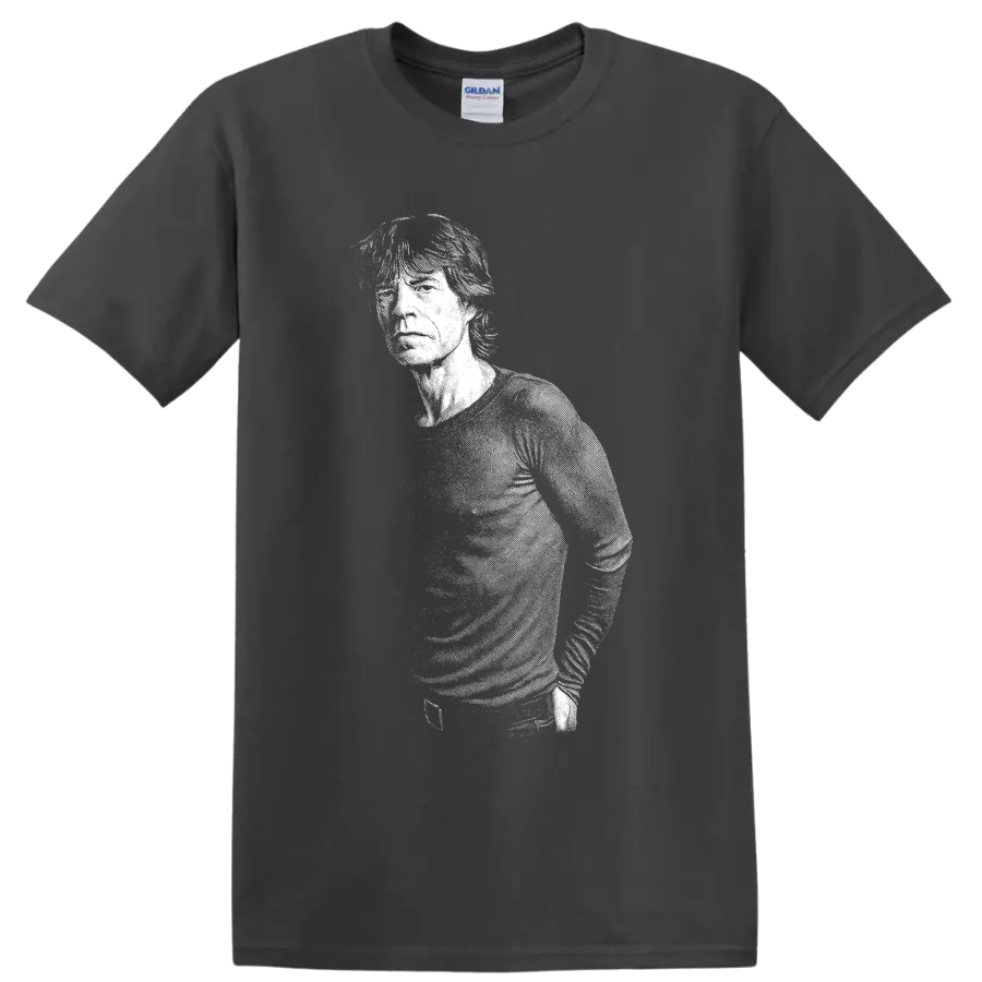 Mick Jagger black-and-white silhouette portrait in bold rock graphic style on a Charcoal T Shirt