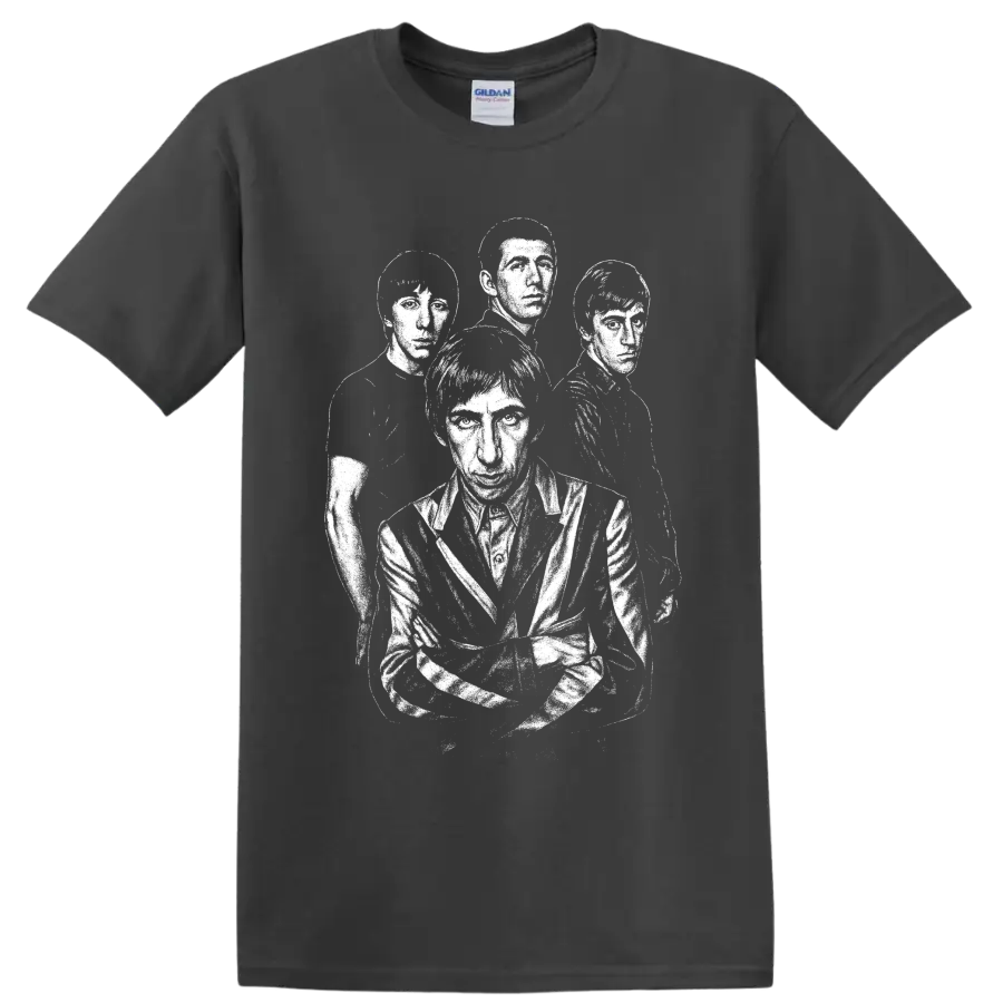 High-contrast four-member portrait of The Who in vintage British rock style on a Charcoal T Shirt