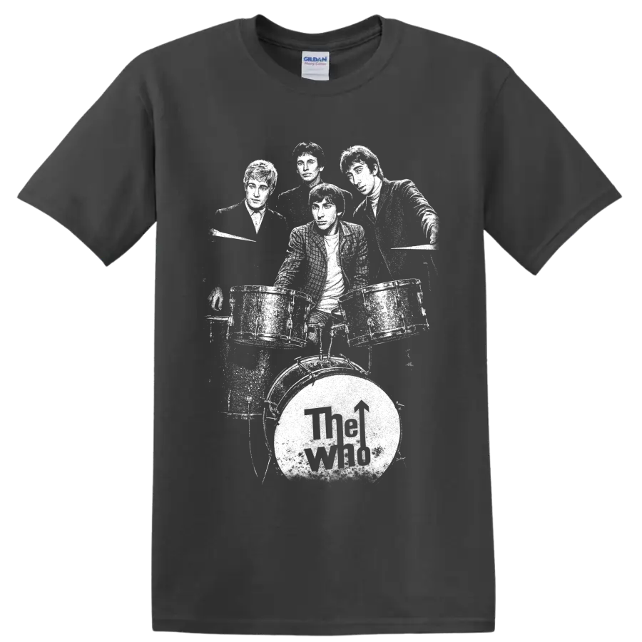 High-contrast portrait collage of The Who band members on a Charcoal T Shirt