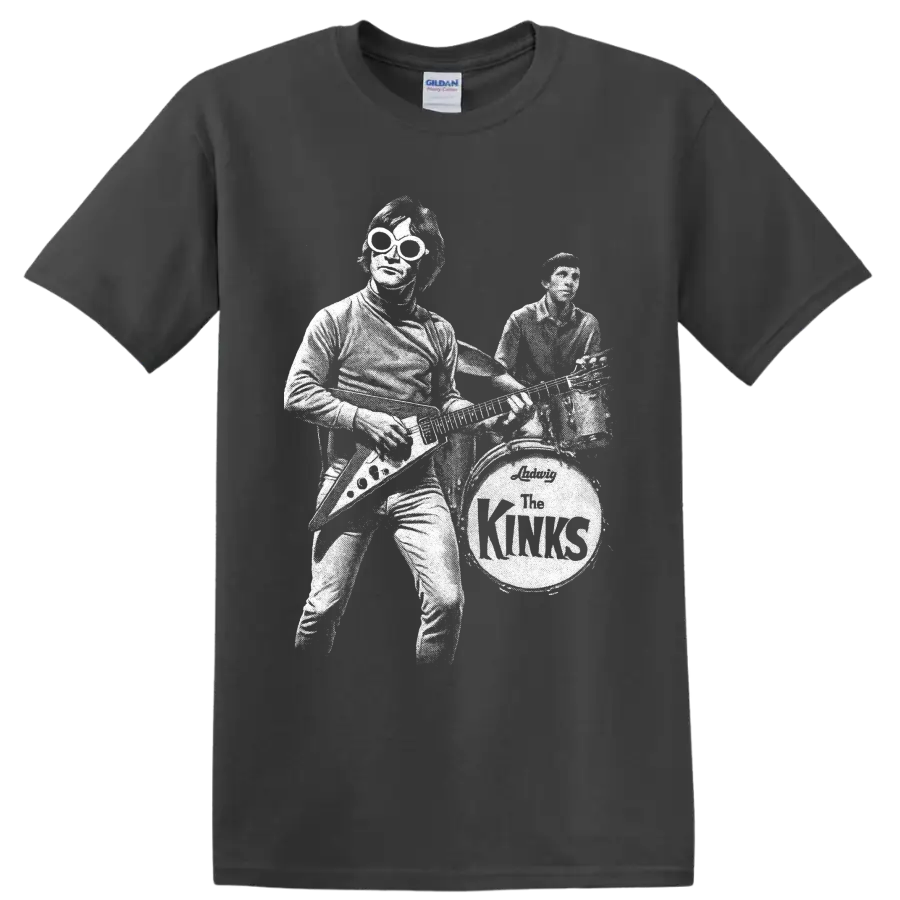 High-contrast white portrait graphic of The Kinks Dave Davies and Mick Avory on a Charcoal T Shirt