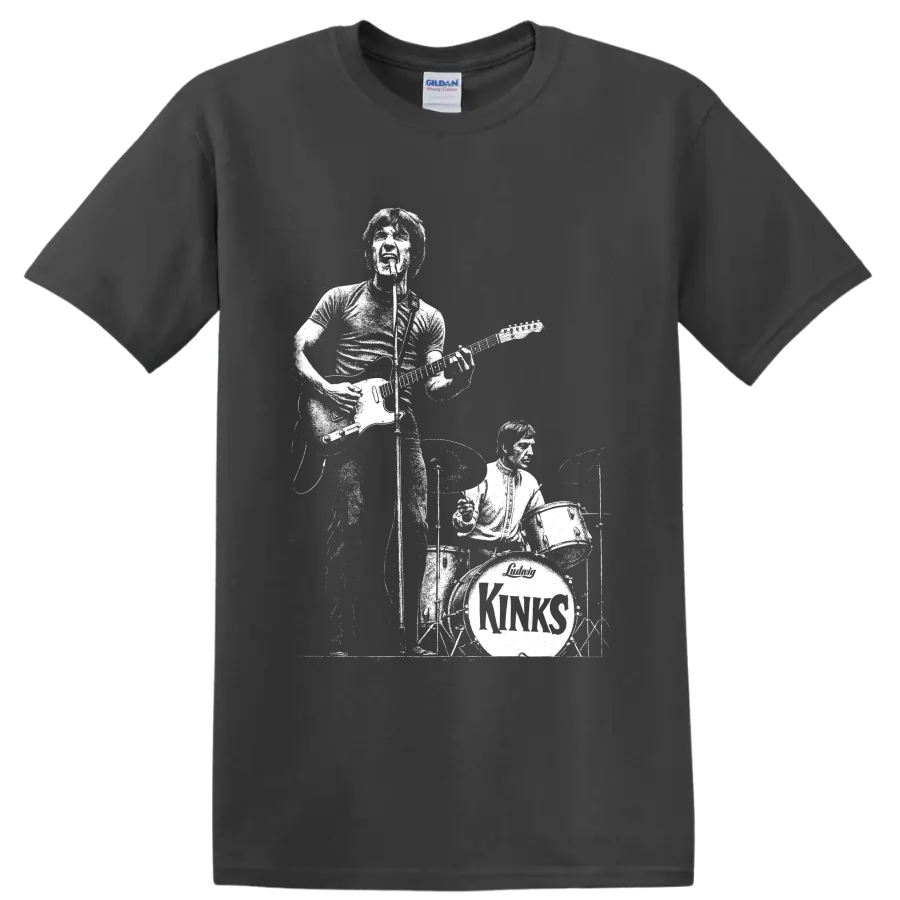Monochrome The Kinks Ray Davies and Mick Avory guitar and drums performance graphic on a Charcoal T Shirt