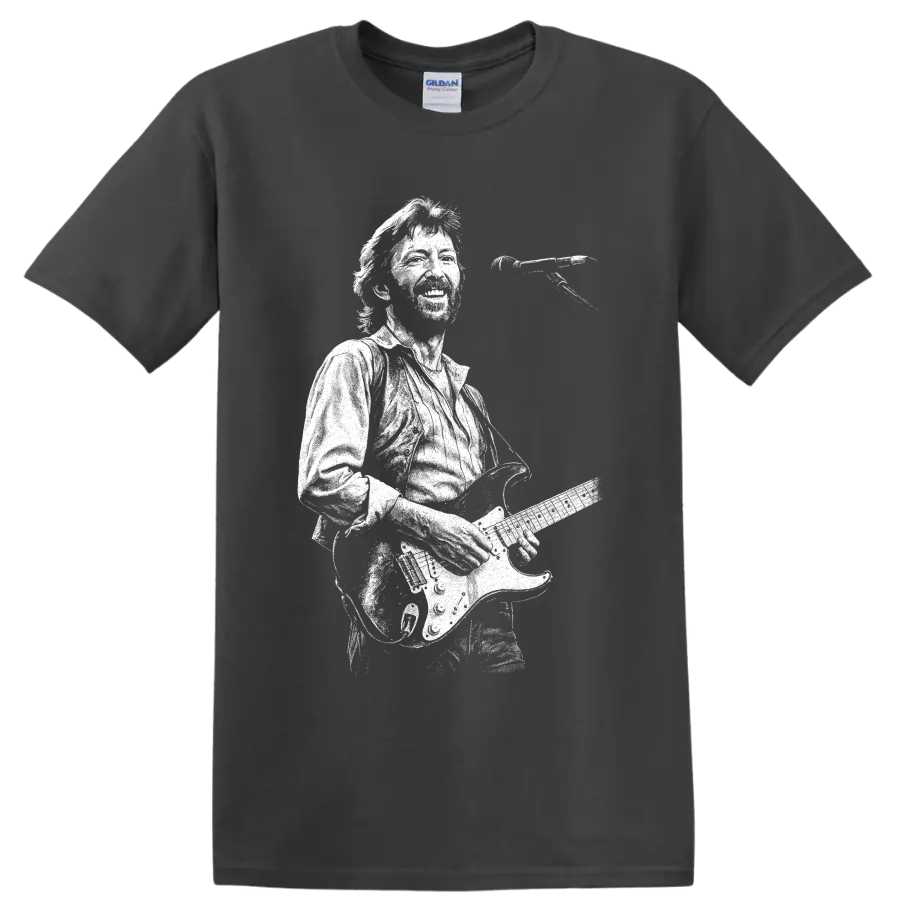 Eric Clapton guitarist silhouette with electric guitar in bold monochrome style on a Charcoal T Shirt