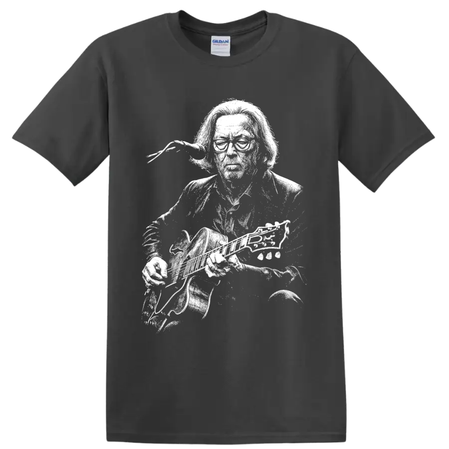 High-contrast Eric Clapton guitarist portrait with electric guitar on a Charcoal T Shirt