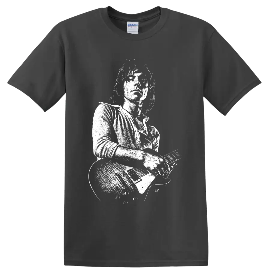 High-contrast Jeff Beck guitarist portrait with electric guitar in stencil-style art on a Charcoal T Shirt