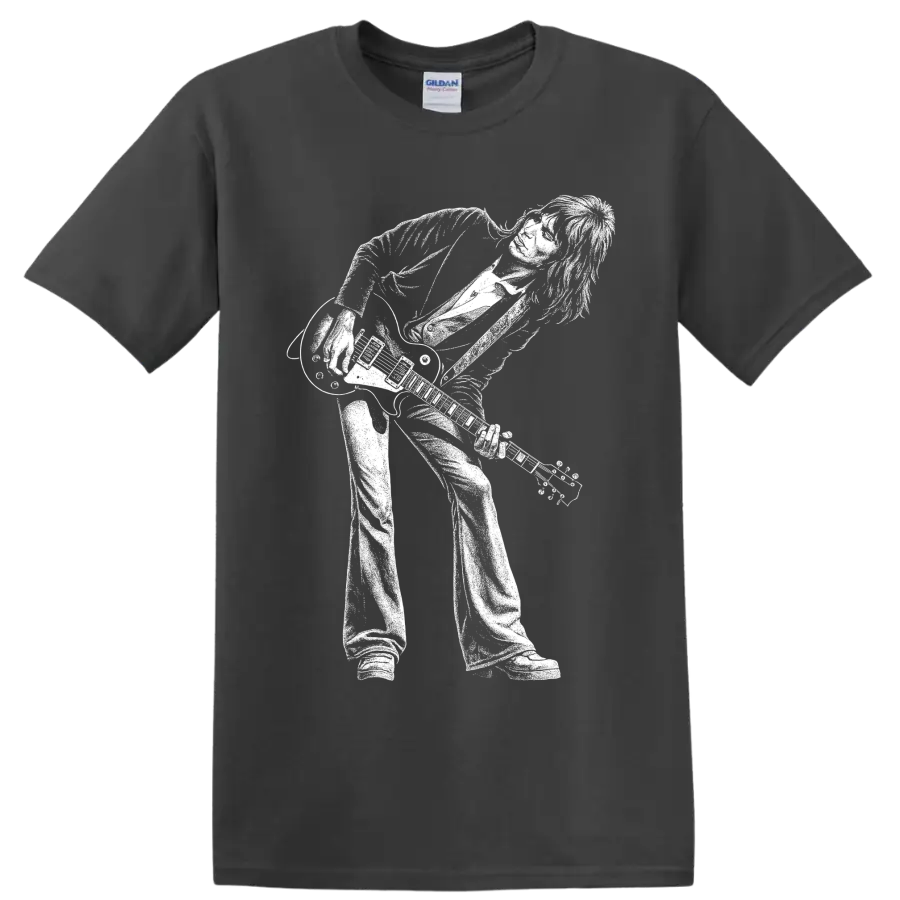 High-contrast Jimmy Page guitarist stage performance portrait graphic on a Charcoal T Shirt