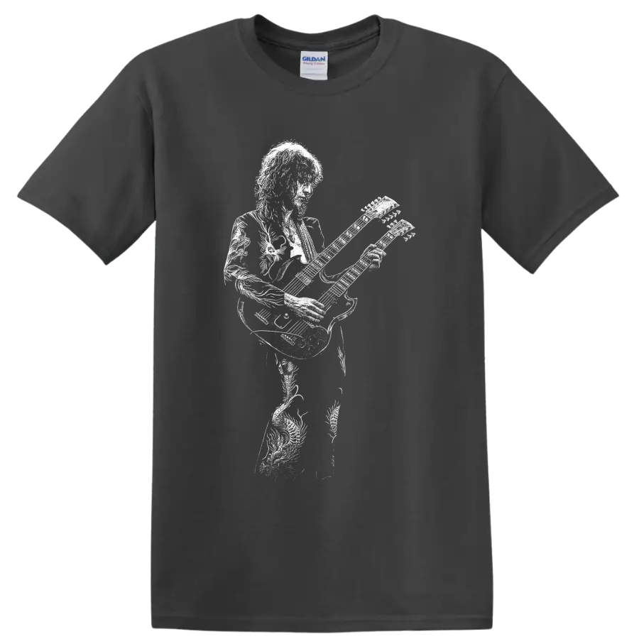 White Jimmy Page guitarist silhouette playing electric guitar in minimalist rock style on a Charcoal T Shirt