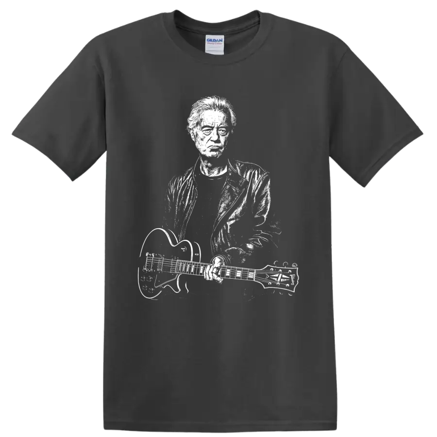Jimmy Page Led Zeppelin guitarist with double-neck guitar silhouette graphic on a Charcoal T Shirt
