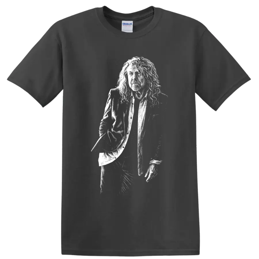 Monochrome Robert Plant holding microphone portrait in vintage rock illustration style on a Charcoal T Shirt