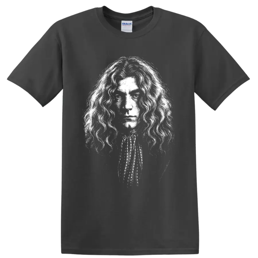 High-contrast black-and-white Robert Plant Led Zeppelin singer portrait on a Charcoal T Shirt