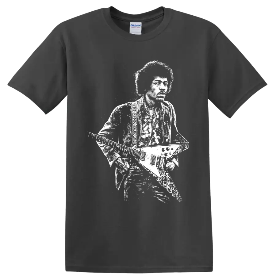 Jimi Hendrix guitarist portrait with guitar in high-contrast retro rock style on a Charcoal T Shirt