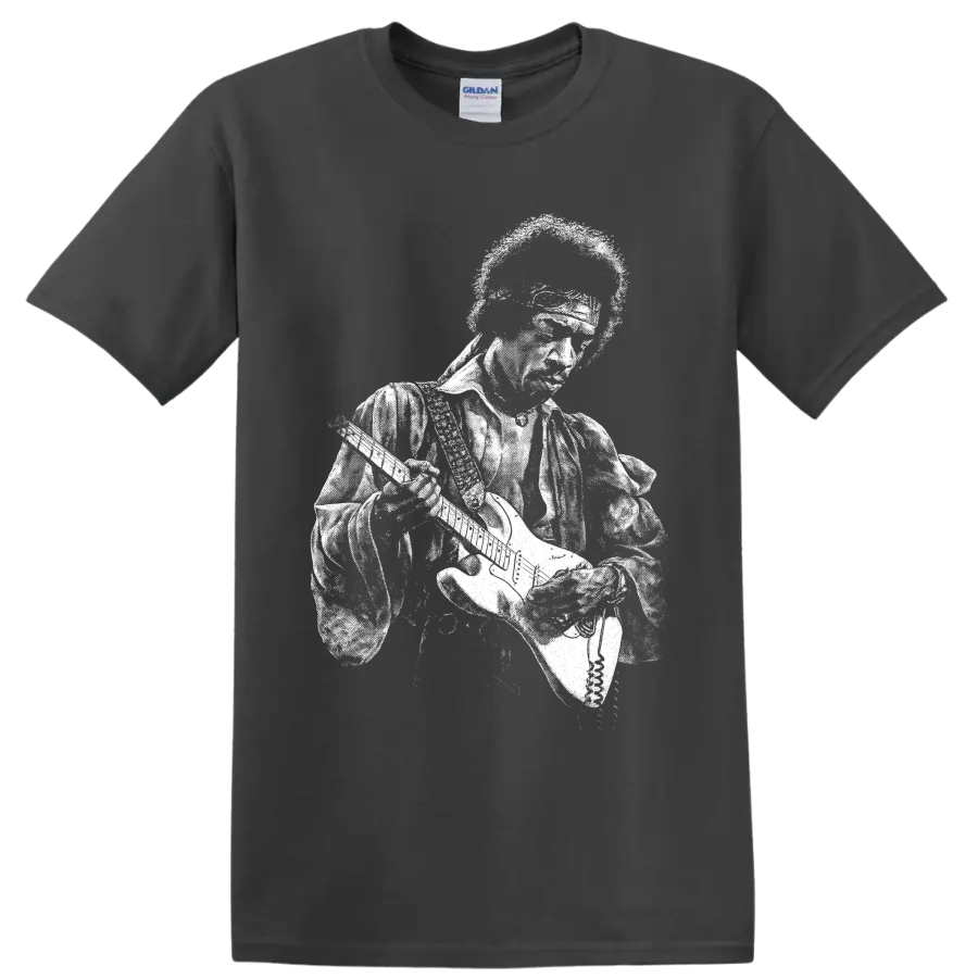 High-contrast Jimi Hendrix guitarist portrait in vintage rock poster style on a Charcoal T Shirt