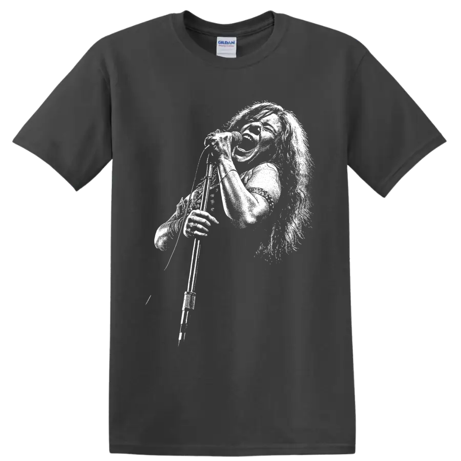 Janis Joplin monochrome portrait in a bold rock and blues music graphic style on a Charcoal T Shirt