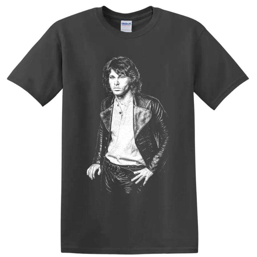 High-contrast white Jim Morrison portrait graphic inspired by The Doors on a Charcoal T Shirt