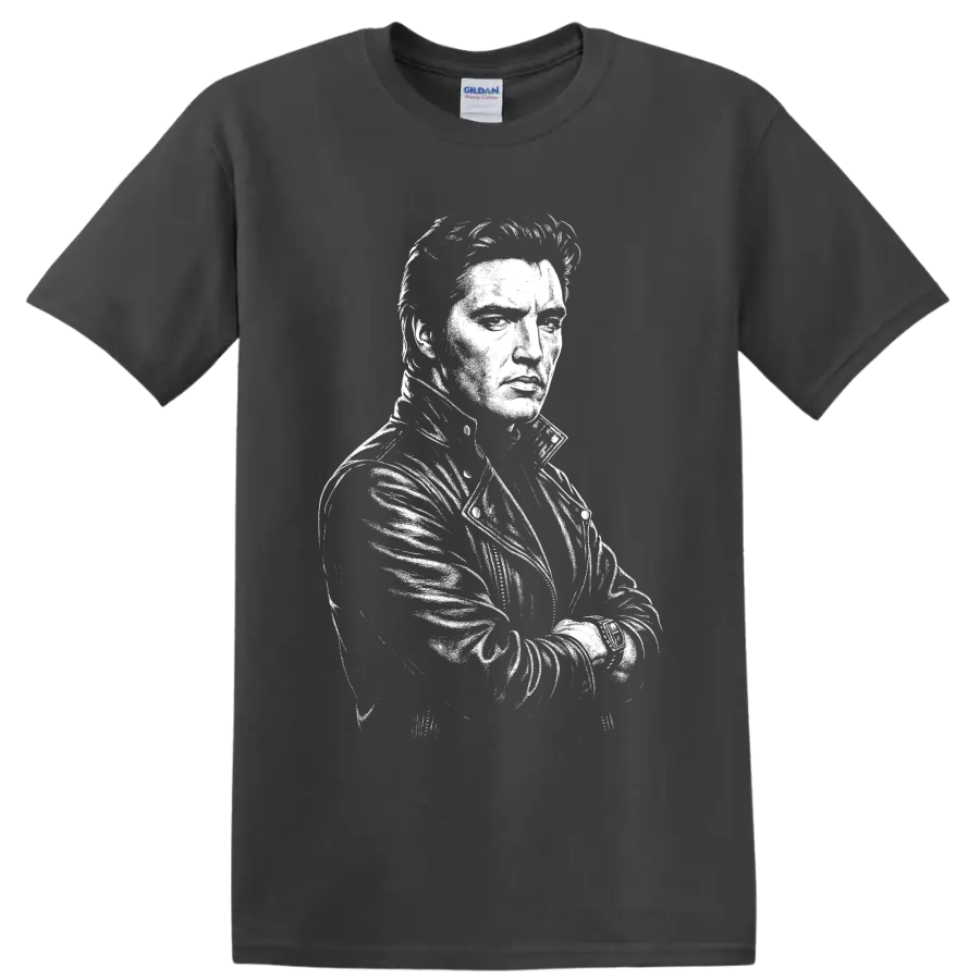 Elvis Presley black-and-white vintage-style rock and roll portrait graphic on a Charcoal T Shirt