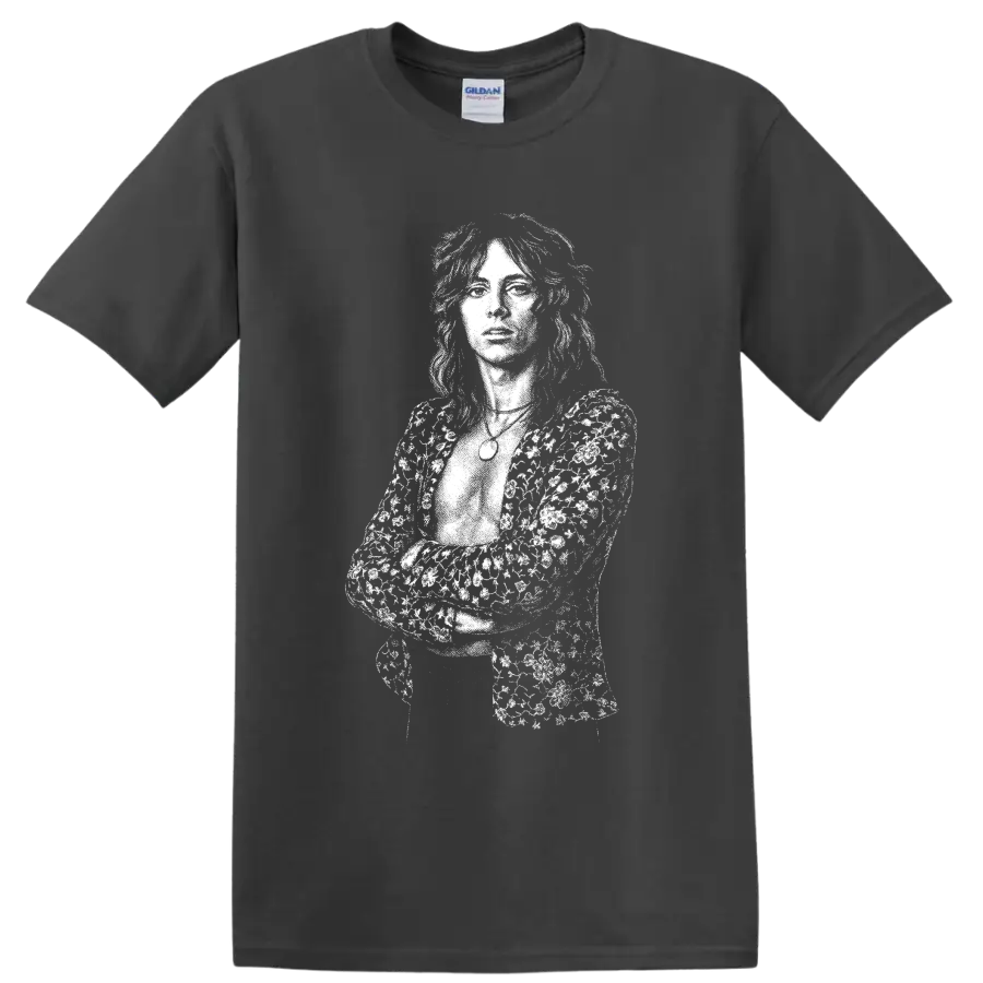 High-contrast Roger Taylor of Queen drummer portrait in monochrome rock art style on a Charcoal T Shirt