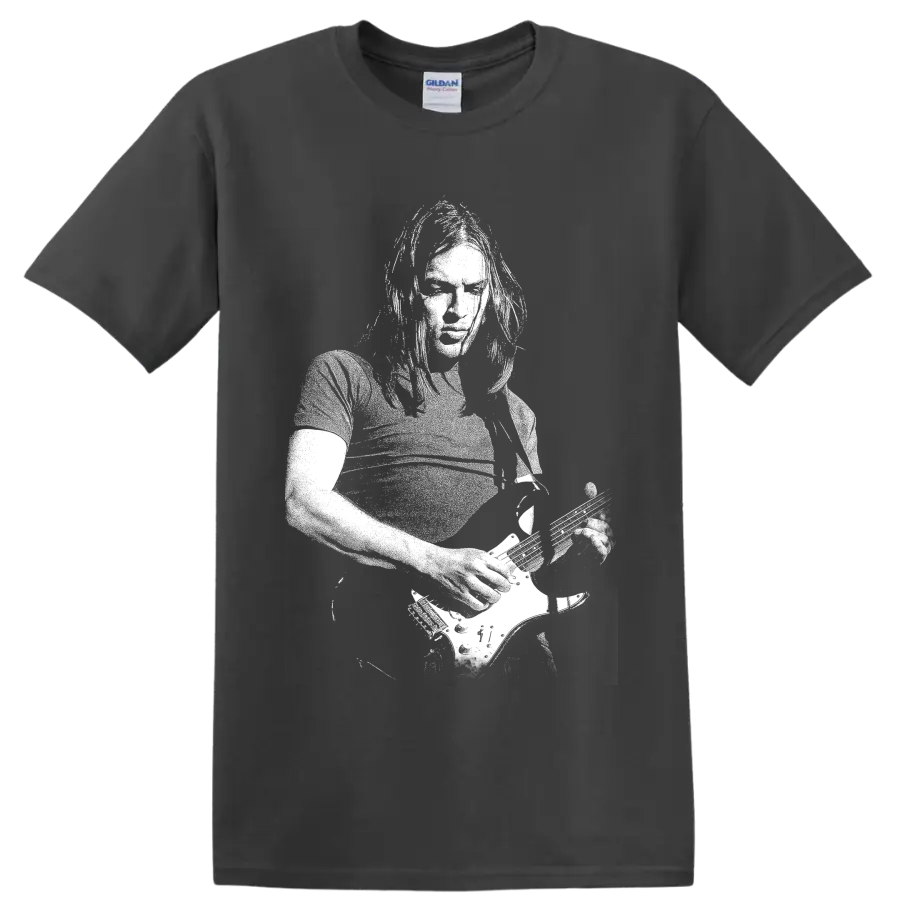 High-contrast David Gilmour portrait graphic inspired by Pink Floyd on a Charcoal T Shirt