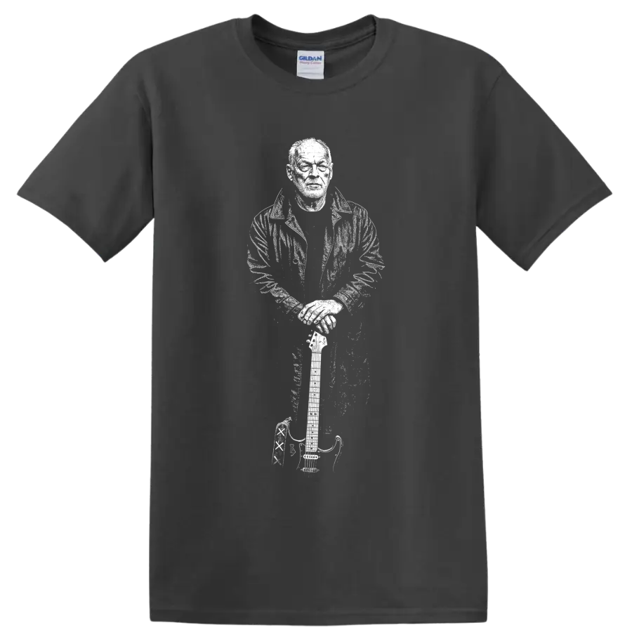 High-contrast David Gilmour guitarist portrait in a bold monochrome rock graphic style on a Charcoal T Shirt