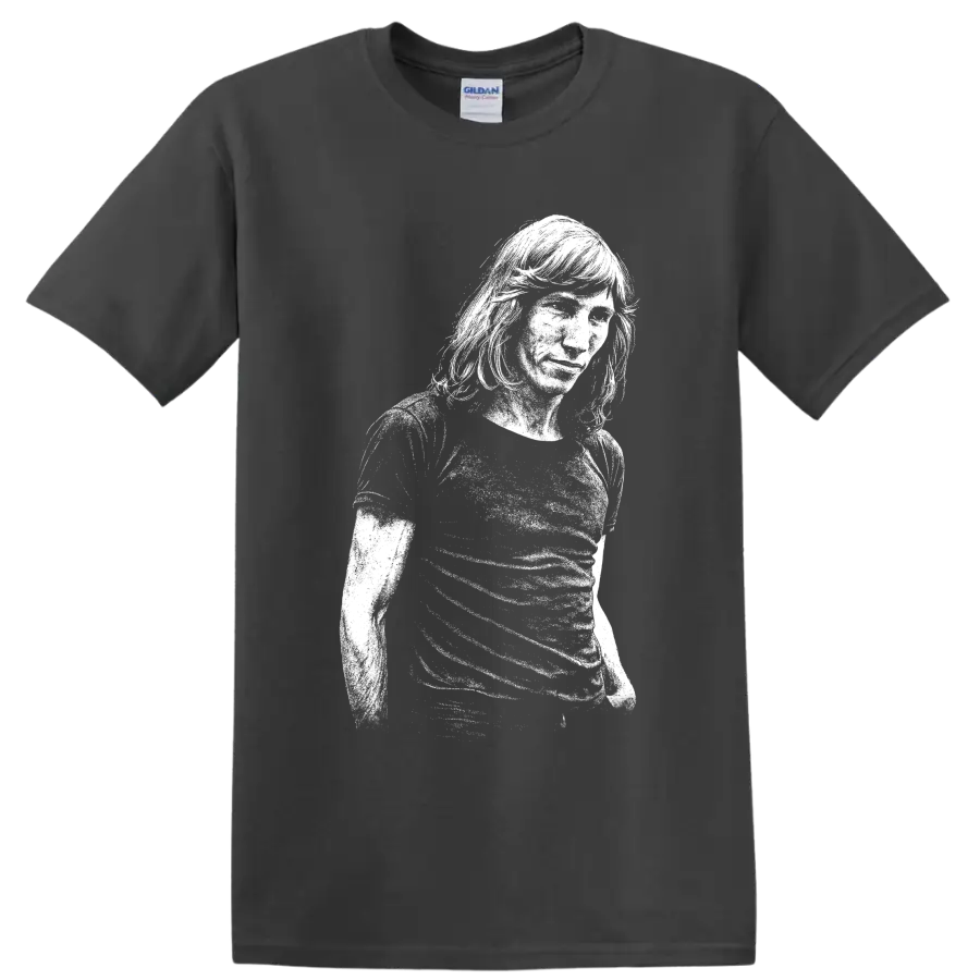 High-contrast Roger Waters Pink Floyd portrait with bass in vintage rock style on a Charcoal T Shirt
