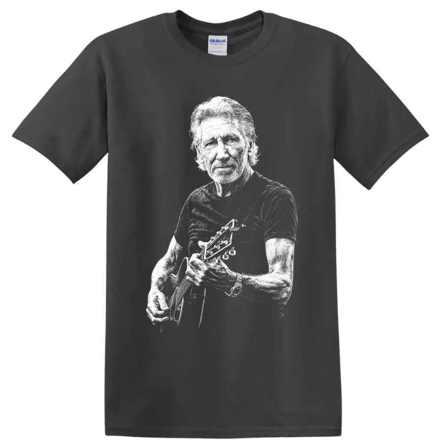 Monochrome Roger Waters Pink Floyd musician portrait holding an instrument on a Charcoal T Shirt