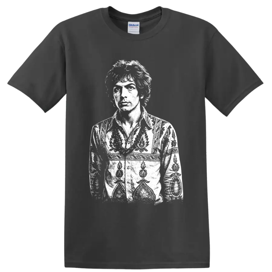 High-contrast black-and-white Mick Jagger portrait in a bold rock music graphic style on a Charcoal T Shirt
