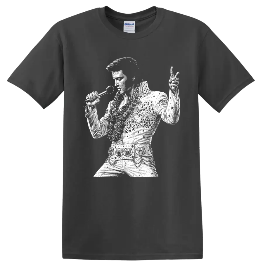 Elvis Presley performing with microphone in bold white rock and roll silhouette on a Charcoal T Shirt