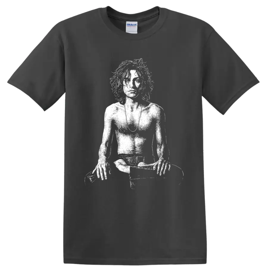 High-contrast Syd Barrett portrait graphic in a bold monochrome rock art style on a Charcoal T Shirt