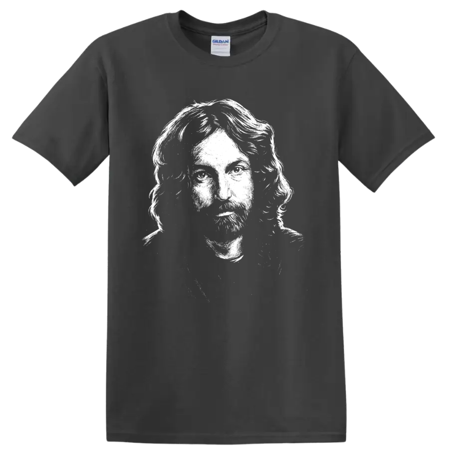 High-contrast Nick Mason portrait in bold monochrome classic rock graphic style on a Charcoal T Shirt