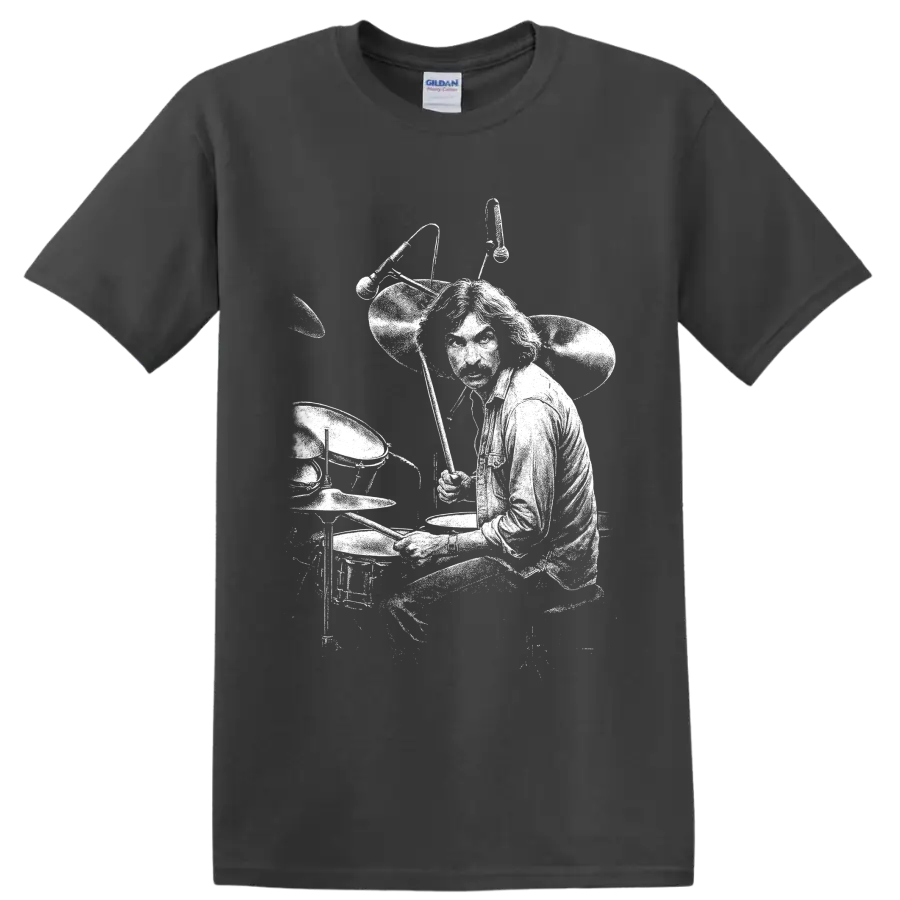 High-contrast Nick Mason Pink Floyd drummer illustration behind a full drum kit on a Charcoal T Shirt