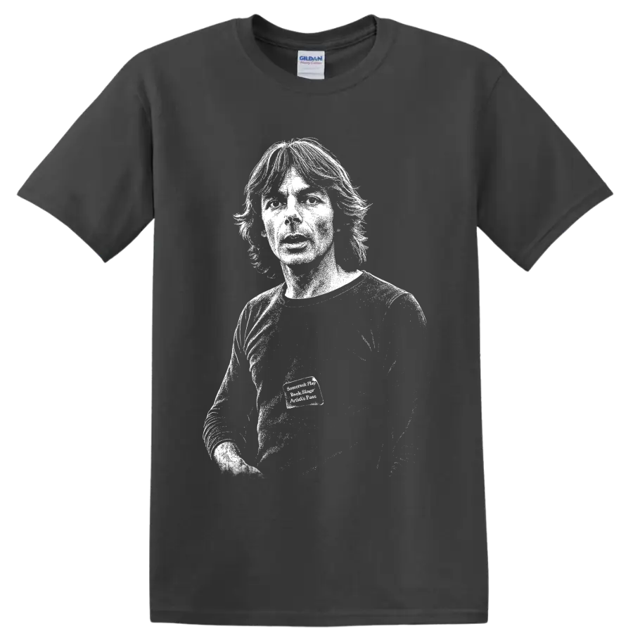 High-contrast Richard Wright portrait playing keyboard in a monochrome music tribute on a Charcoal T Shirt