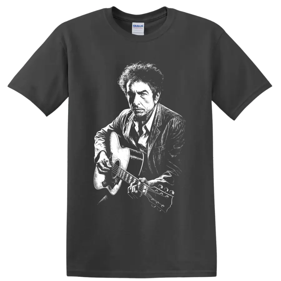 Bob Dylan guitar portrait in bold high-contrast monochrome graphic style on a Charcoal T Shirt