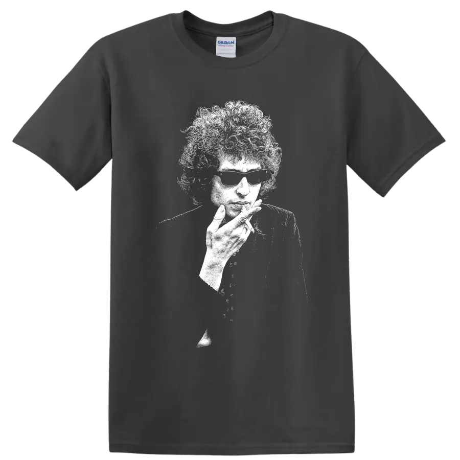 High-contrast Bob Dylan portrait in a bold black-and-white graphic style on a Charcoal T Shirt