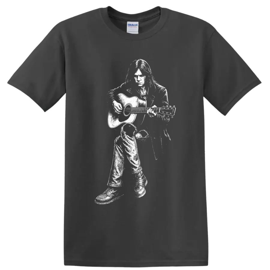 High-contrast white Neil Young guitarist silhouette in a bold classic rock style on a Charcoal T Shirt