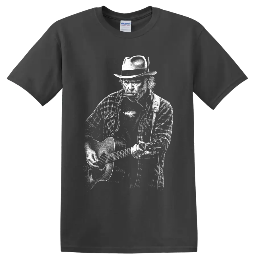 Neil Young guitarist portrait in bold black-and-white ink illustration style on a Charcoal T Shirt