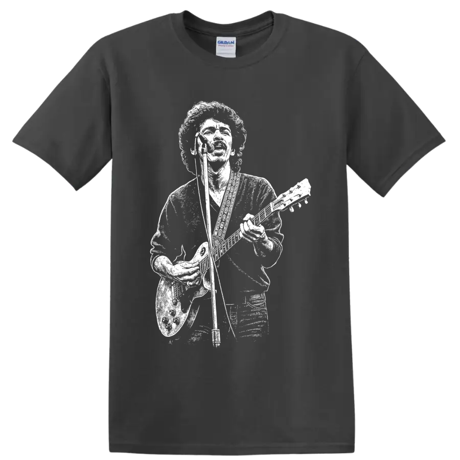 Carlos Santana seated guitarist portrait in high-contrast monochrome illustration on a Charcoal T Shirt
