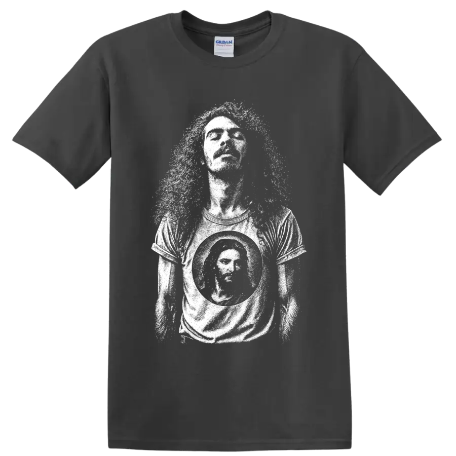 Carlos Santana guitarist silhouette graphic in a bold minimalist concert style on a Charcoal T Shirt