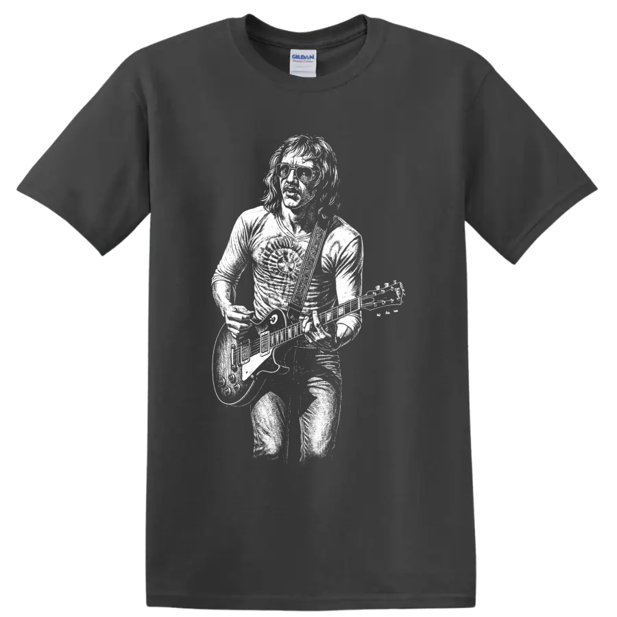 Mick Taylor guitar portrait in bold monochrome rock poster style on a Charcoal T Shirt